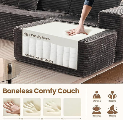Cloud Sectional Couch with Loveseat, Boneless U-Shaped Cloud Couch with Deep Seat, Soft Plush Modern Minimalist Sofa, Assembly Free Modular Floor Sofa for Office Living Room Apartment, Grey