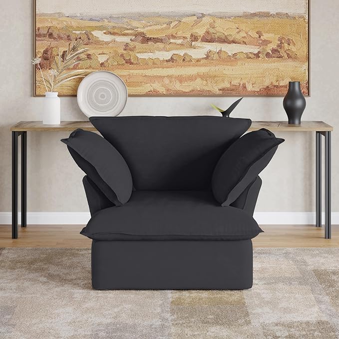 JACH Modern Comfy Couch Chair with Thick Cushion, Couch Single Accent Chair Deep Seat Sofa Couches, Hemp Velvet Sofas Furniture for Small Spaces Living Room Bedroom Office Apartment (Black)