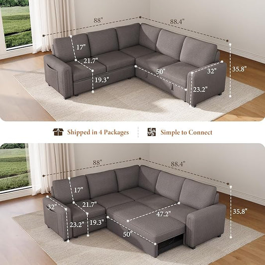 Vesgantti 88.4" Sleeper Sectional Couch with Pull Out Bed, 5 Seater L Shaped Modular Sectional Sofa with Storage, Comfy Corduroy Modular Sofa for Living Room, Bedroom, Apartment, Light Coffee