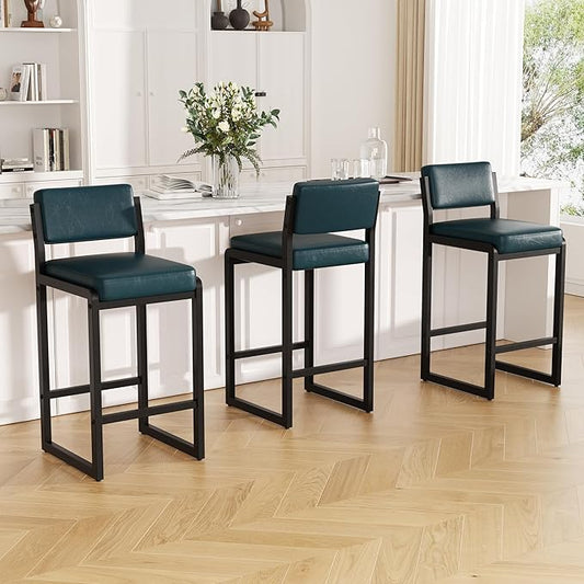 Bar Stools Set of 3, Faux Leather Counter Height Bar Stools with High Back and Metal Legs, Upholstered Bar Chairs, 26" Modern Barstools for Kitchen Island, Dark Blue