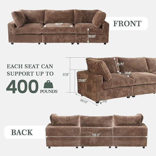 Modern Modular Sectional Sofa, 118.11" Oversized Cloud Sectional Couch, 3 Seat Comfy Modular Couches for Living Room, Plush Couch Cushion Covers Removable, Brown