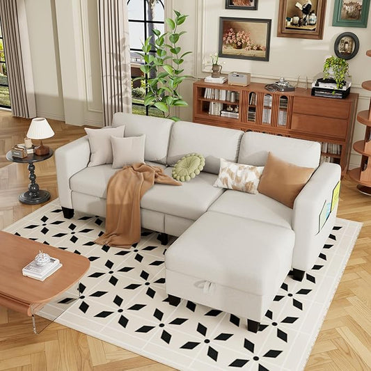 ZeeFu Sectional and Sofa Couches for Living Room - 78'' 3 Seater L-Shaped Modular Couch with Storage Ottoman - Modern Linen Fabric Upholstered Sofa Set for Small Space Apartment Office