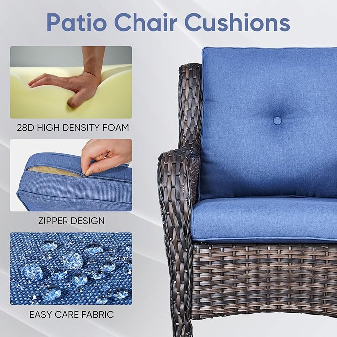 Outdoor Wicker Chair Cushions 2 Packs - Outside High Back Thick Water-Resistant Cushion 22x24 with Zipper Cover for Patio Glider Rocking Chairs Loveseat Couch – Blue/Buckle