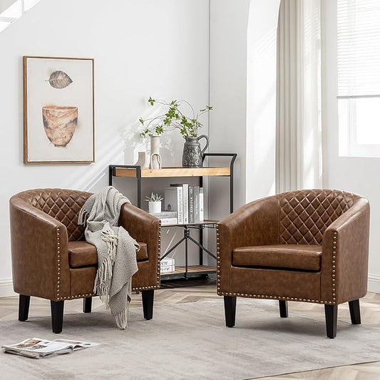 KINWELL 29" W Faux Leather Barrel Chairs Set of 2, Modern PU Upholstered Tufted Club Chairs with Nailhead Trim, Small Armchairs Accent Chairs for Living Room Bedroom Apartment Lounge Nursery, Coffee