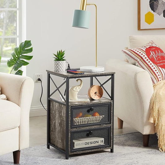 VECELO Misty Gray End Table with USB Ports and Outlets,24 Inch Nightstands with Charging Station and Storage Shelf for Bedroom,Living Room, 2 Set