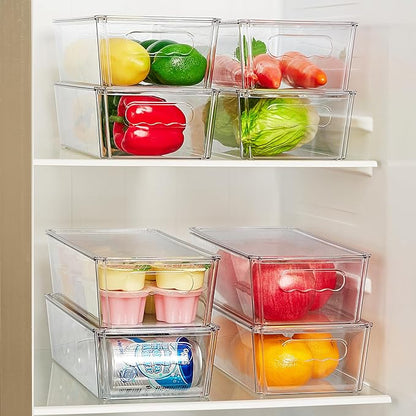 Vtopmart 4pcs Clear Organizers and Storage Bins with Lids, Stackable Plastic Storage Containers with Handles for Fridge, Freezer, Pantry, Cabinet, Kitchen Organization
