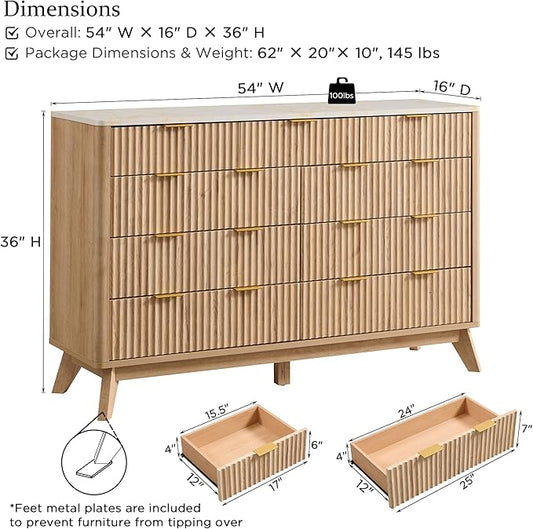 T4TREAM Fluted 9 Drawer Dresser, Modern Chest of Drawers with Faux Marble Top, Curved Profile Design, Dresser TV Stand, Wood Drawer Organizer for Bedroom, Living Room, Hallway, Natural Oak