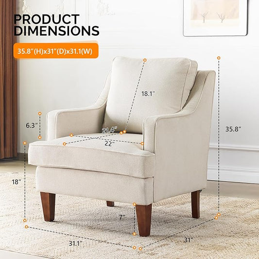 VINGLI Mid-Century Modern Accent Chair, Beige Upholstered Armchair Comfy Sofa Chair Reading Chair High Back for Living Room Bedroom Furniture Apartment
