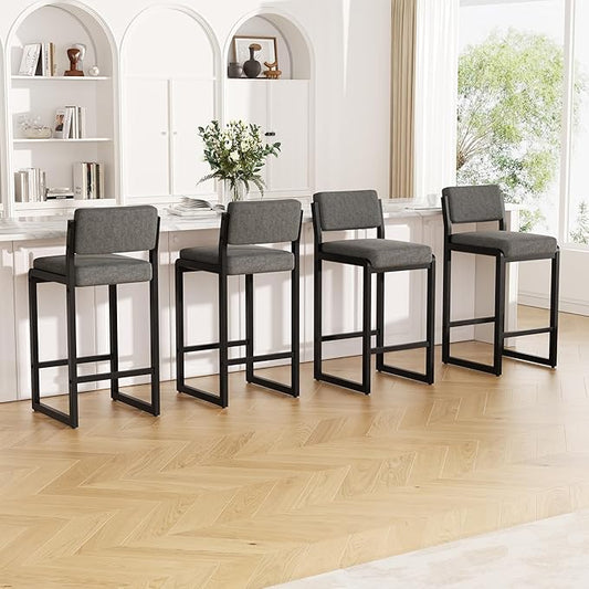 Bar Stools Set of 4, Fabric Counter Height Bar Stools with High Back and Metal Legs, Upholstered Bar Chairs, 26" Modern Barstools for Kitchen Island, Grey