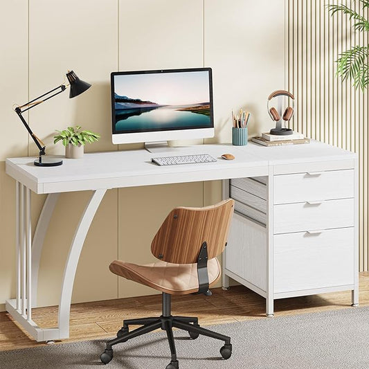 Tribesigns Computer Desk with 3 Drawers, 59-Inch PC Desk with Reversible Drawers, Industrial Study Writing Table Workstation with File Storage for Home Office, White
