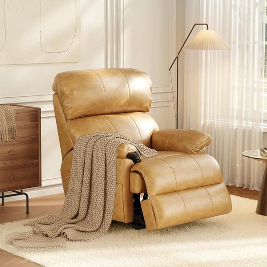 COLAMY Triple Motors Power Recliner Chair with Power Headrest & Lumbar Support Independent Adjustment for Living Room, Leather Electric Recliner Sofa Chair, Light Brown