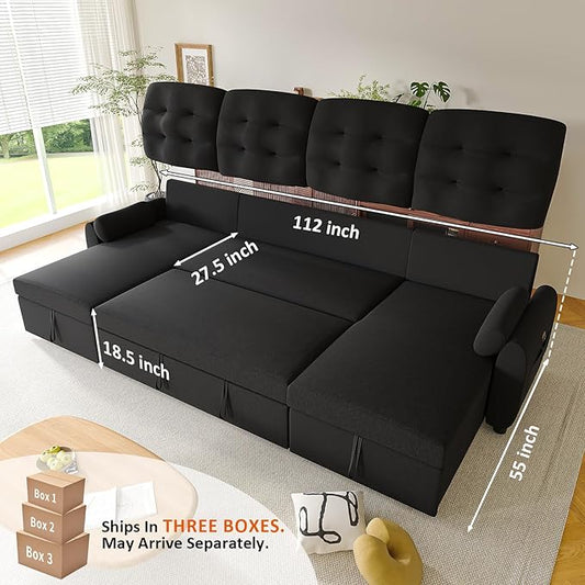 Ucloveria Sleeper Sofa Bed, 112" U Shaped Sectional Sofa Couches for Living Room, Pull Out Couch Bed with Dual Reversible Storage Chaise | Charging Station | Side Pockets | Removable Backrest