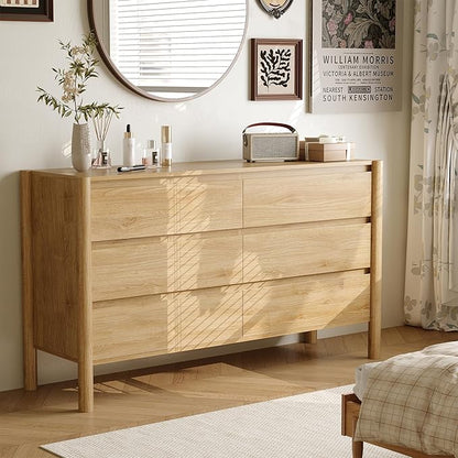 Dresser for Bedroom with 6 Drawers,47" Wide Oak Dresser with 4 Solid Wood Legs, Wooden TV Stand,Closet Clothes Organizer for Bedroom, Hallway
