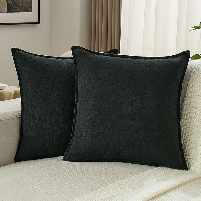 FUTEI Black Chenille Throw Pillow Covers 16x16 Inch Set of 2,Edges Double-Stitched Cushion Cases,Modern Home Decor for Couch Living Room