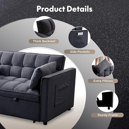 FLEXISPOT XCT4 3-in-1 Convertible Loveseat Sofa Bed for Small Spaces, Velvet Pull Out Couch with Adjustable Backrest, Compact Twin Sleeper Chaise Lounge Futon for Apartment Dorm RV Guest Room, Black