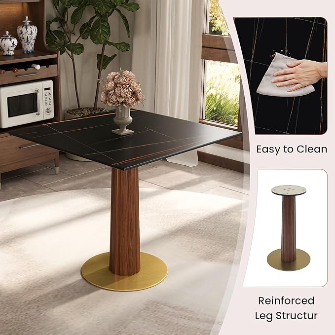 Sintered Stone Square Office Table and Chair Set - Meeting Table for Small Offices (Dark Brown Leg and Black Top, 1 Table and 2 Chairs)