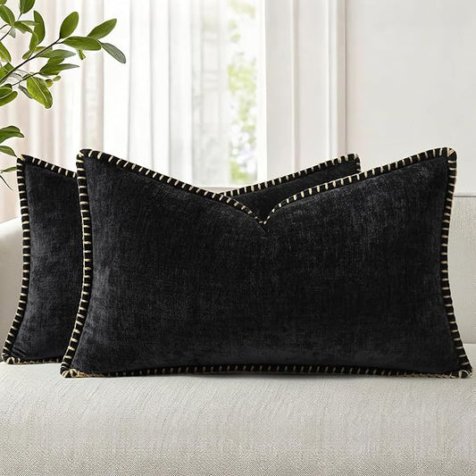 decorUhome Chenille Soft Throw Pillow Covers 12x20 Set of 2, Lumbar Velvet Farmhouse Neutral Decorative Euro Pillow Covers with Stitched Edge for Couch Sofa Bed Home Decor, Black