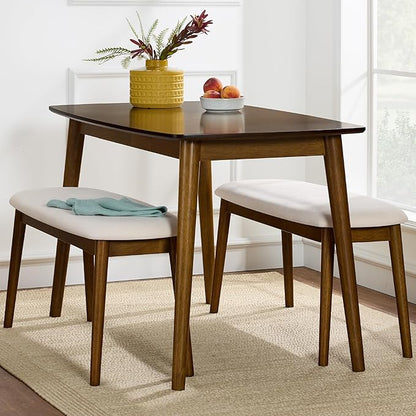 Best Choice Products 3-Piece Mid-Century Modern Wood Dining Kitchen Table & Chair Set w/ 2 Upholstered Bench Seats - Walnut/Cream