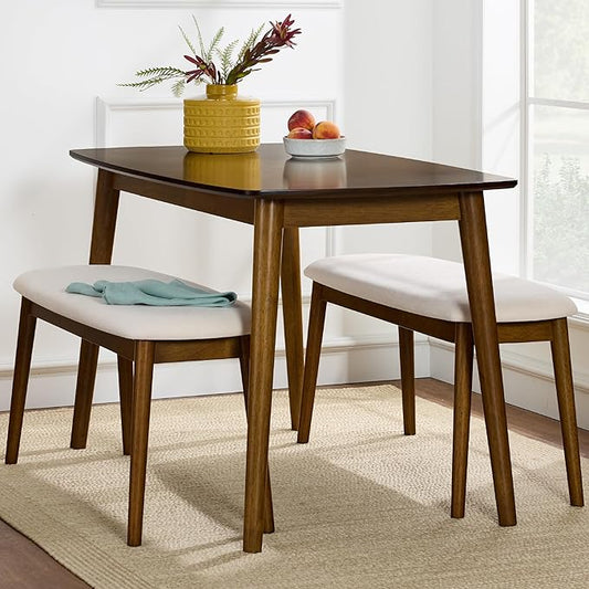 Best Choice Products 3-Piece Mid-Century Modern Wood Dining Kitchen Table & Chair Set w/ 2 Upholstered Bench Seats - Walnut/Cream