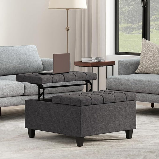 SIMPLIHOME Harrison 30 inch Wide Transitional Square Small Coffee Table Storage Ottoman in Slate Grey , Assembled, For the Living Room and Bedroom