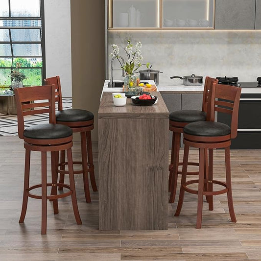 COSTWAY Bar Stools, 360-Degree Swivel Bar Chairs with PU Upholstered Seats, Solid Rubber Wood Backrests, Footrests & Legs, Bar Height Stools with Backs for Kitchen, Bar, Brown (4)