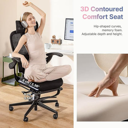 HINOMI Q2 Ergonomic Office Chair with Lumbar Support & Adjustable Headrest, Cushion Seat with Flip-Up Arms, Reclining Computer Seating with Footrest, Stylish Desk Model for Home (Cream White)