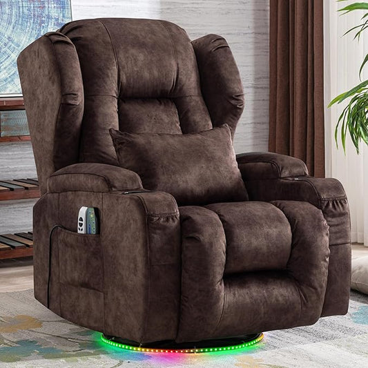 Power Swivel Rocker Recliner Chairs, Electric Wall Hugger Reclining Sofa with Massage & Heat, Comfy Theater Seating Single Sofa with LED Light/USB/Type-C Ports (Velvet Brown, Single Chair)
