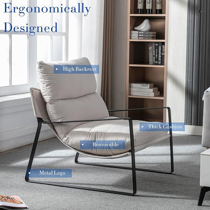 HEAH-YO Modern Accent Chairs Set of 2, Chenille Fabric Living Room Chairs with Removable Cushion and Solid Metal Frame, Comfy Reading Chairs for Bedroom, White