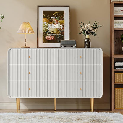 HLR White Dresser for Bedroom,48'' Wide Wood Chests of Drawers,Modern Fluted 6 Drawer Dresser with Gold Metal Handles,Clothes Deep Drawer Dressers Storage for Living Room,Hallway
