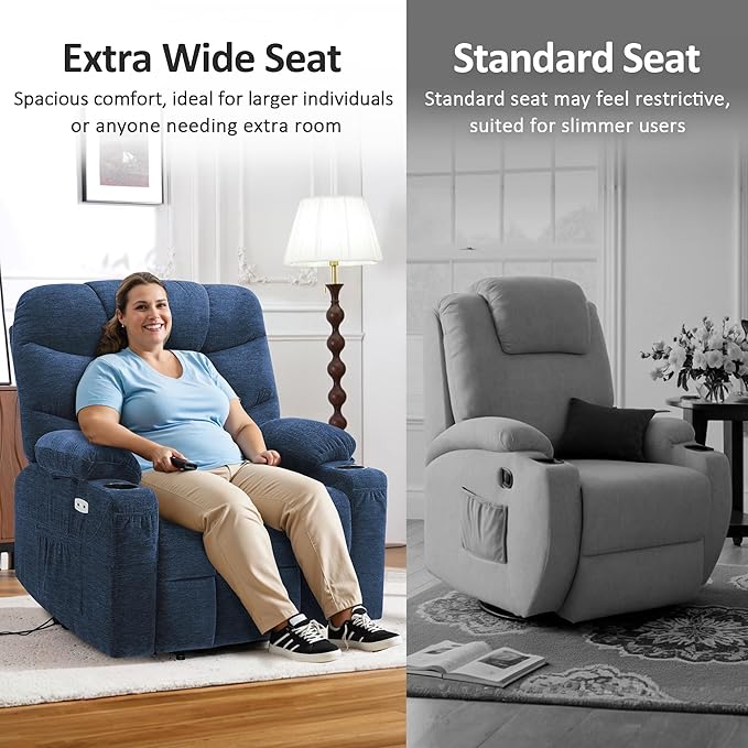 MCombo Oversized Power Lift Recliner Chair with Extended Footrest for Elderly People, Fabric R7289 (Navy Blue, Medium-Oversize)