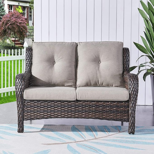 HUMMUH 5 Pieces Outdoor Furniture Patio Furniture Set Wicker Swivel Patio Chairs with 2 Seater Outdoor Sectional Sofa/Patio Loveseat with Ottomans, Brown/Grey
