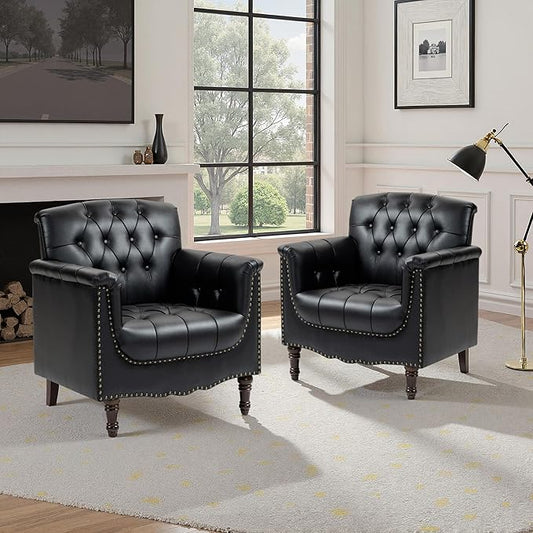 Faux Leather Accent Chair, PU Leather Modern Comfy Upholstered Armchair with Wood Legs & Nailhead Trim for Living Room, Bedroom (Black,Set of 2)