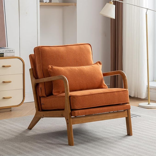 Mid-Century Accent Chair,Linen Fabric Lounge Chair with Wide Armrest, Armchair with Lumbar Pillow & Solid Wood Frame for Living Room, Bedroom, Reading Nook(Orange)