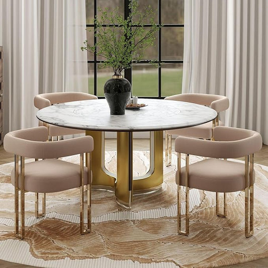Velvet Dining Chairs Set of 4, Khaki Upholstered Barrel Armchairs with Gold Metal Legs for Kitchen Island, Mid Century Modern Accent Side Chairs for Dining Room and Living Room, Open-Back