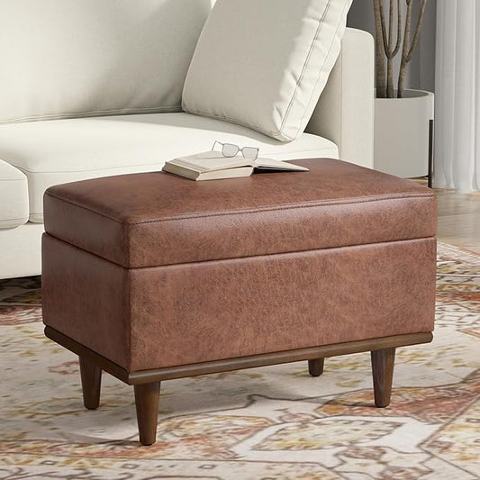 SIMPLIHOME Shiloh 26 inch Wide Transitional Contemporary Small Storage Ottoman in Distressed Saddle Brown Vegan Faux Leather, Assembled, for The Living Room, Entryway and Family Room