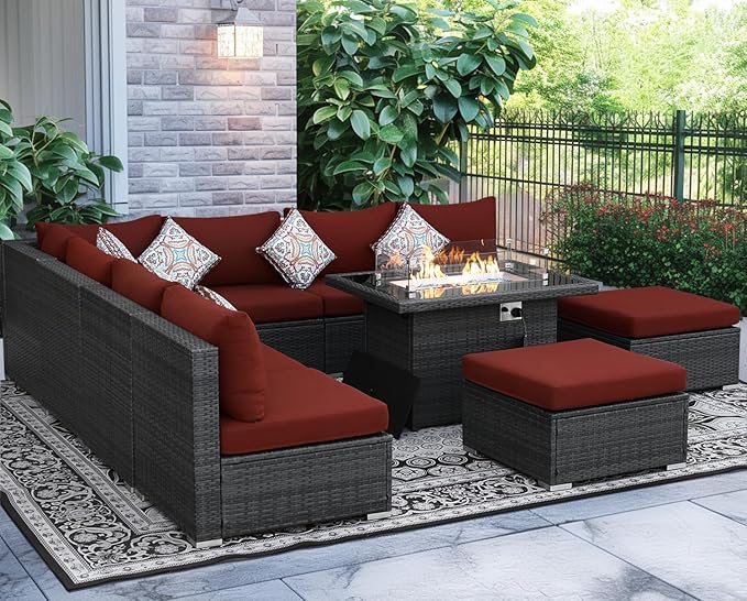 NICESOUL Backyard Furniture Set with Firepits Natural Gas/Propane, 9 Seater XL Oversized Wicker Sectional Couches, 29.3'' High Back Comfy Deep Wide Outdoor Patio Sofa Set, 2 Color Cushion Red & Gray