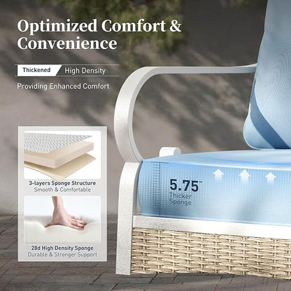 6 Piece Metal Outdoor Patio Furniture Set, Patio Conversation Sets 3-Seater Sofa, 2 Fixed Sofa, 2 Swivel Chair with 5.75" Thick Cushion and Coffee Table White Backyard Furniture, Blue