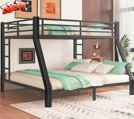 Upgraded Version Thicken Stronger Metal Queen Over King Bunk Bed, Heavy-Duty Best Bunk Bed Queen Over King Size, Bunkbed Frame for Adults with Ladders, Easy Assemble (Queen Over King)