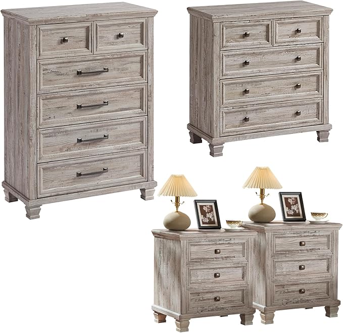 Farmhouse Bedroom Dresser and Nightstand Set of 4, 6 Drawer Tall & 5 Drawers Dresser & 3 Drawer Nightstand Set with Wooden Legs, Rustic Wood Bedroom Furniture for Livingroom, Hallway, Grey
