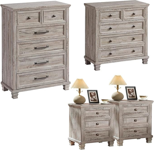 Farmhouse Bedroom Dresser and Nightstand Set of 4, 6 Drawer Tall & 5 Drawers Dresser & 3 Drawer Nightstand Set with Wooden Legs, Rustic Wood Bedroom Furniture for Livingroom, Hallway, Grey