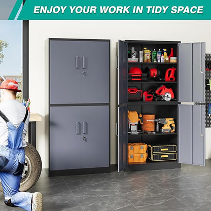 SISESOL Metal Storage Cabinets with Doors and Shelves,71" Metal Garage Storage Cabinet with Lock,Gray Steel Cabinet with Locking Doors,4 Door Lockable Cabinets for Garage,Home,Office