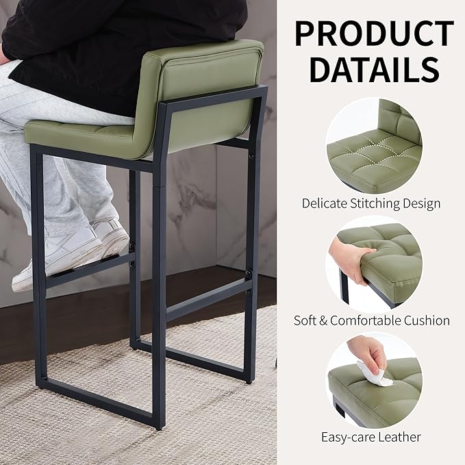 Set of 4 Bar Stools, Upholstered Bar Height Barstools with Low Back and Thickened Metal Frame, Modern Tall Bar Chairs for Kitchen Island, Bar, Counter (Avocado Green, 4Pcs 30" Bar Stools)