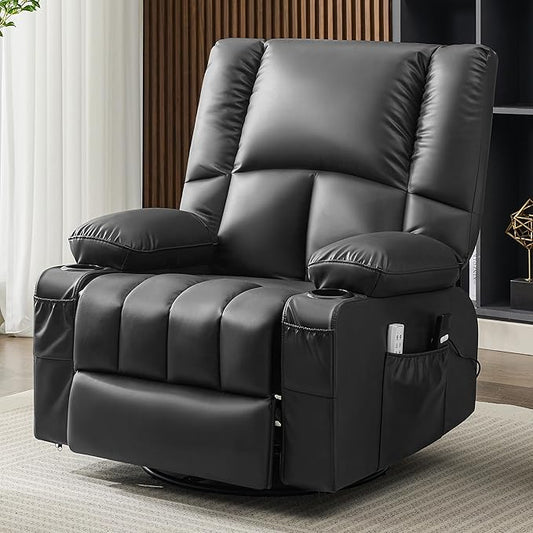 Swivel Rocker Chair with Heat and Massage, 270° Power Recliner Chairs for Adults, USB and Type-C Ports, Oversized Recliner Single Sofa, Electric Glider Chair(Black)
