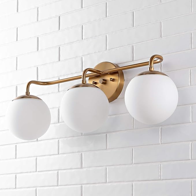 JONATHAN Y JYL3536A Louis Parisian Globe 25" 3-Light Metal/Frosted Glass Modern Contemporary LED Vanity Midcentury Glam 2700K LED 4W Bulbs Entryway Lobby Kitchen Bathroom Bedroom Hallway, Brass Gold