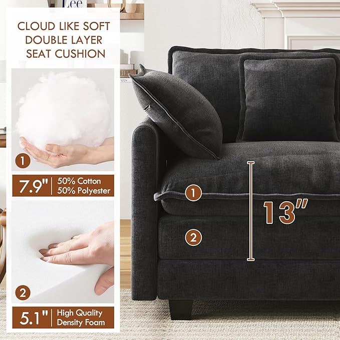WorthFurni 77 Inch Cloud Sofa Loveseat, Comfy Sectional Couch, 2-Seater Chenille Deep Seat Sofa with Throw Pillows for Living Room Bedroom Apartment (Black)