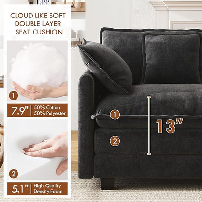 WorthFurni 77 Inch Cloud Sofa Loveseat, Comfy Sectional Couch, 2-Seater Chenille Deep Seat Sofa with Throw Pillows for Living Room Bedroom Apartment (Black)