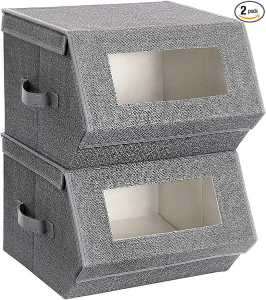 SONGMICS Stackable Storage Bins Set of 2, Storage Boxes with Lids and Front Windows, Non-Woven Fabric Closet Organizers with Magnetic Closures, Side Handles, Dark Gray URPLB02G