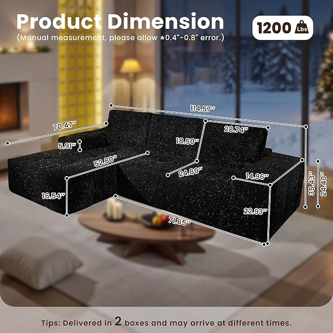 114" Glitter Cloud Sectional Couch with L-Shape Chaise, Modern Boneless Couches for Living Room, Fluffy Tufted Deep Seat Modular Sofa in a Box No Assembly
