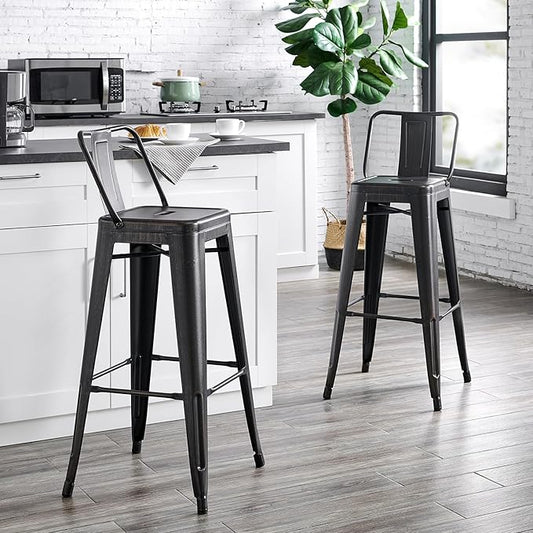 AC Pacific 30” Metal Barstool Set of 2 – Country Rustic Style with Low Back, Lightweight & Sturdy Build, Easy Assembly – Distressed Black