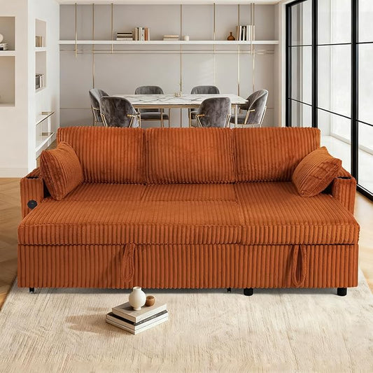 84" Corduroy Pull Out Sofa Bed w/Adjustable Backrests, Sectional L-Shape Sleeper Sofa w/Storage Chaise, Convertible Couch Bed w/USB Charging Port & Cup Holders for Living Room, House, Orange